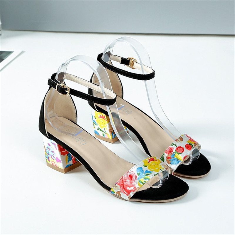 Women Summer Casual Ankle Buckle Sandals Female Square Heel Shoes Open Toe Cover Heel Ladies Fashion Mixed Color Footwear